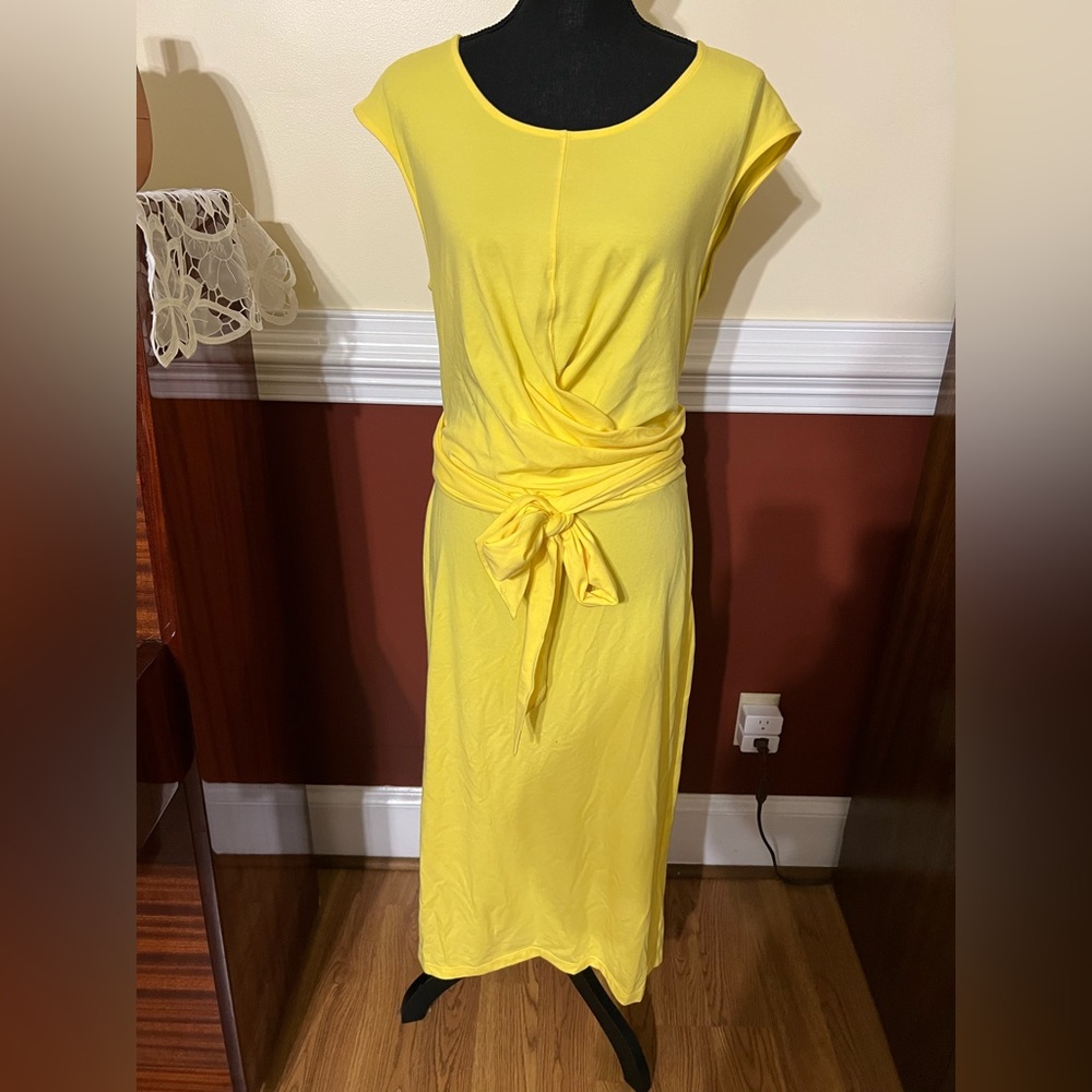 NEW LAUREN RALPH LAUREN YELLOW COTTON JERSEY BELTED MIDI SHEATH DRESS